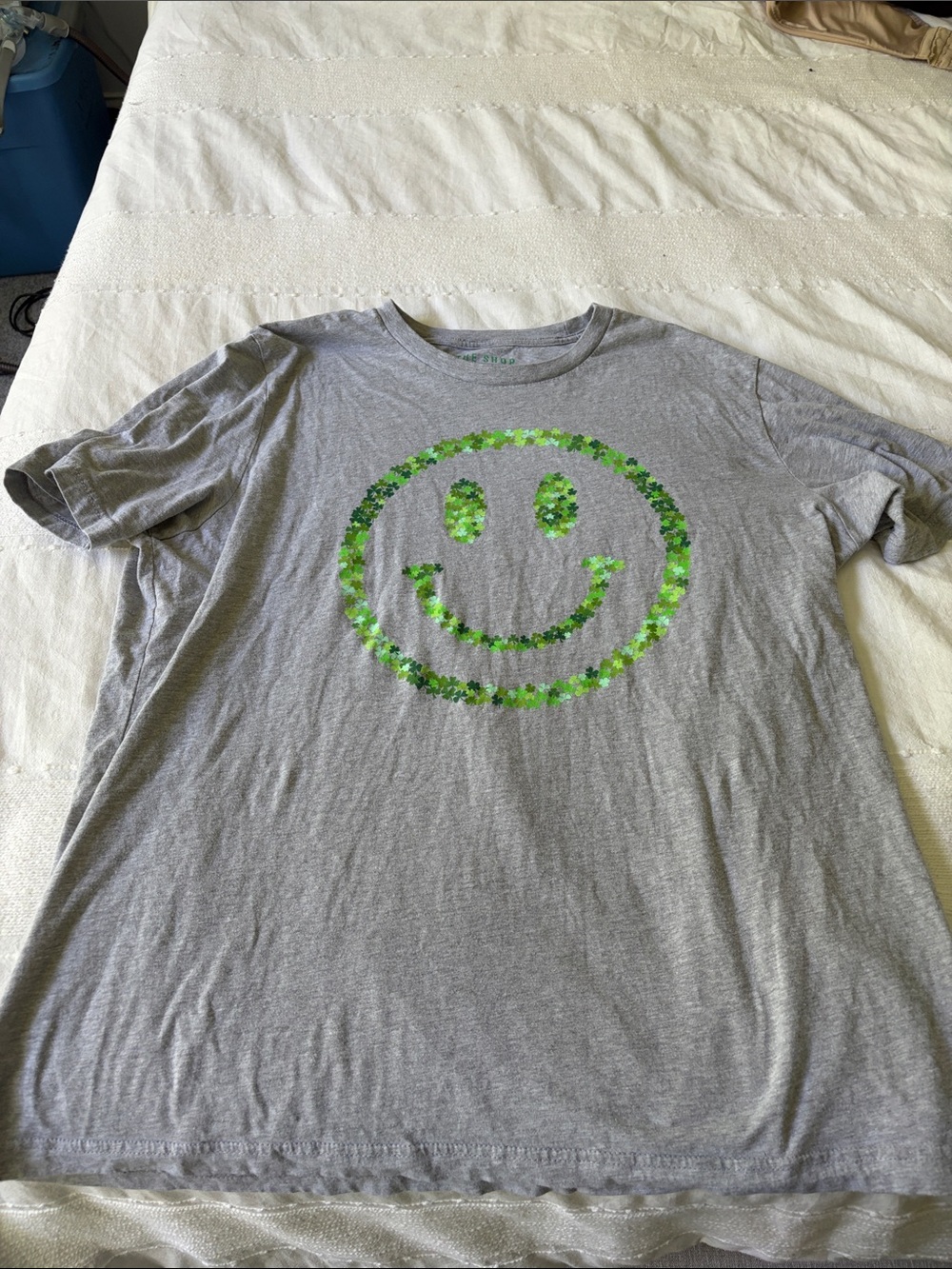 Gray Tee with Green Shamrock Smiley Graphic